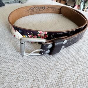 Ed Hardy Geisha Print Leather Y2K Belt - Large
